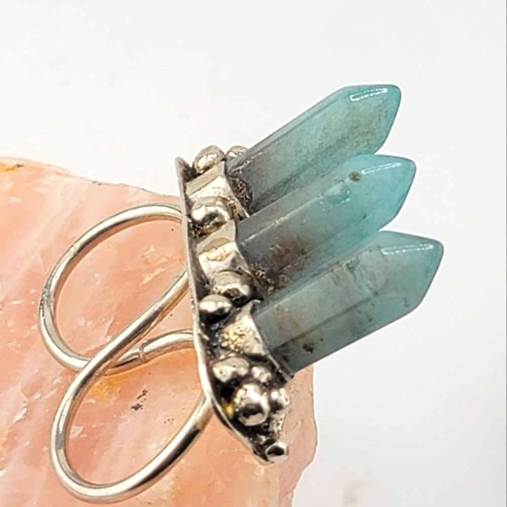 3 SPIKES AQUAMARINE DOUBLE RING BAND HANDMADE IN STERLING SILVER METAL 8.5 & 7.5 - Picture 10 of 11